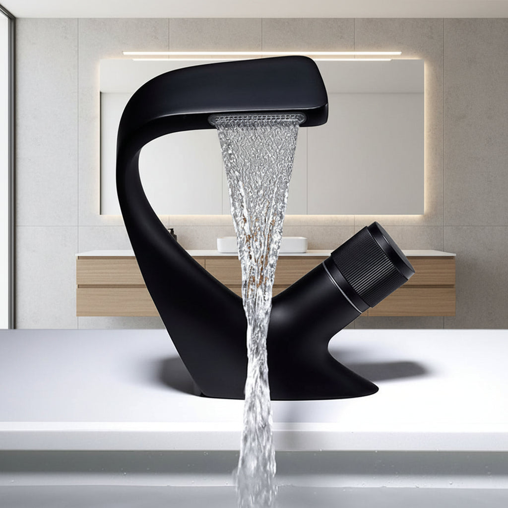 AQUACASCADE vízeséses áramlású luxusmosdó-csaptelep — nyitott kifolyó, modern felület