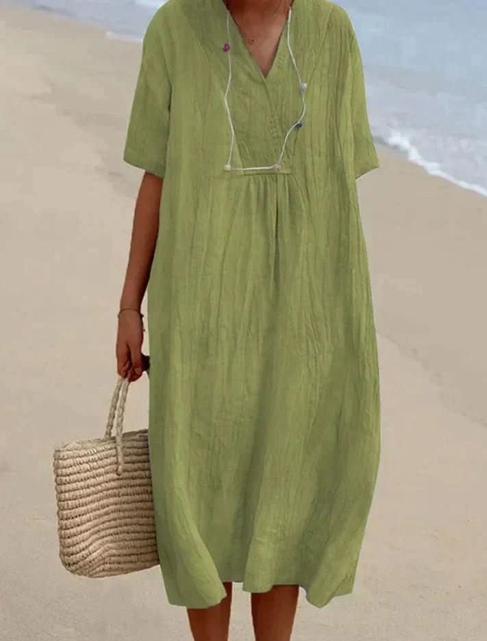 Aria Vestido - Vestido de verano de algodón y lino, escote en V