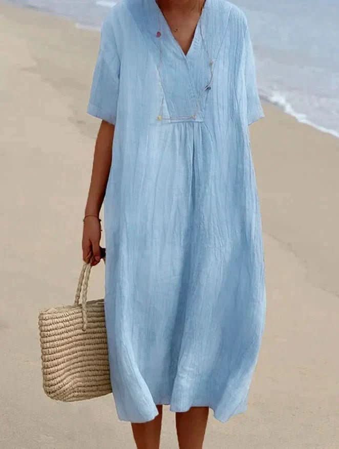 Aria Vestido - Vestido de verano de algodón y lino, escote en V