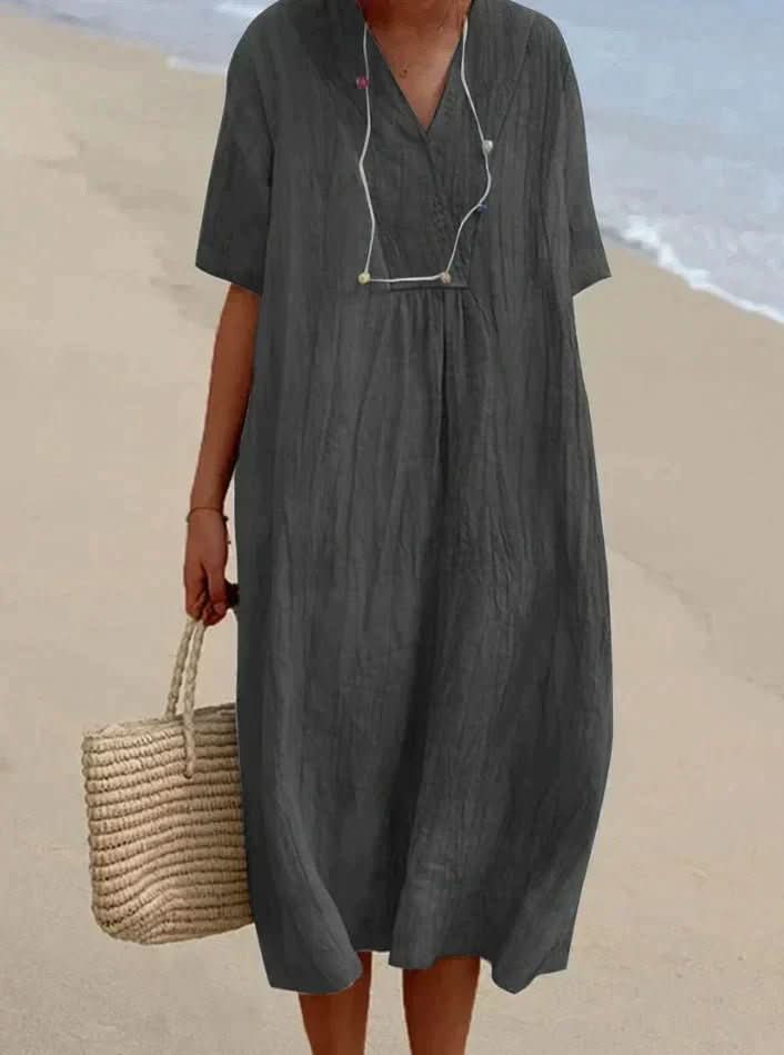 Aria Vestido - Vestido de verano de algodón y lino, escote en V