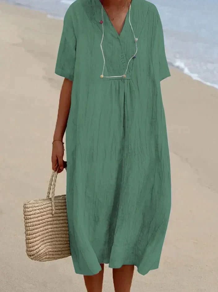 Aria Vestido - Vestido de verano de algodón y lino, escote en V