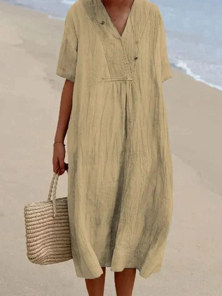 Aria Vestido - Vestido de verano de algodón y lino, escote en V