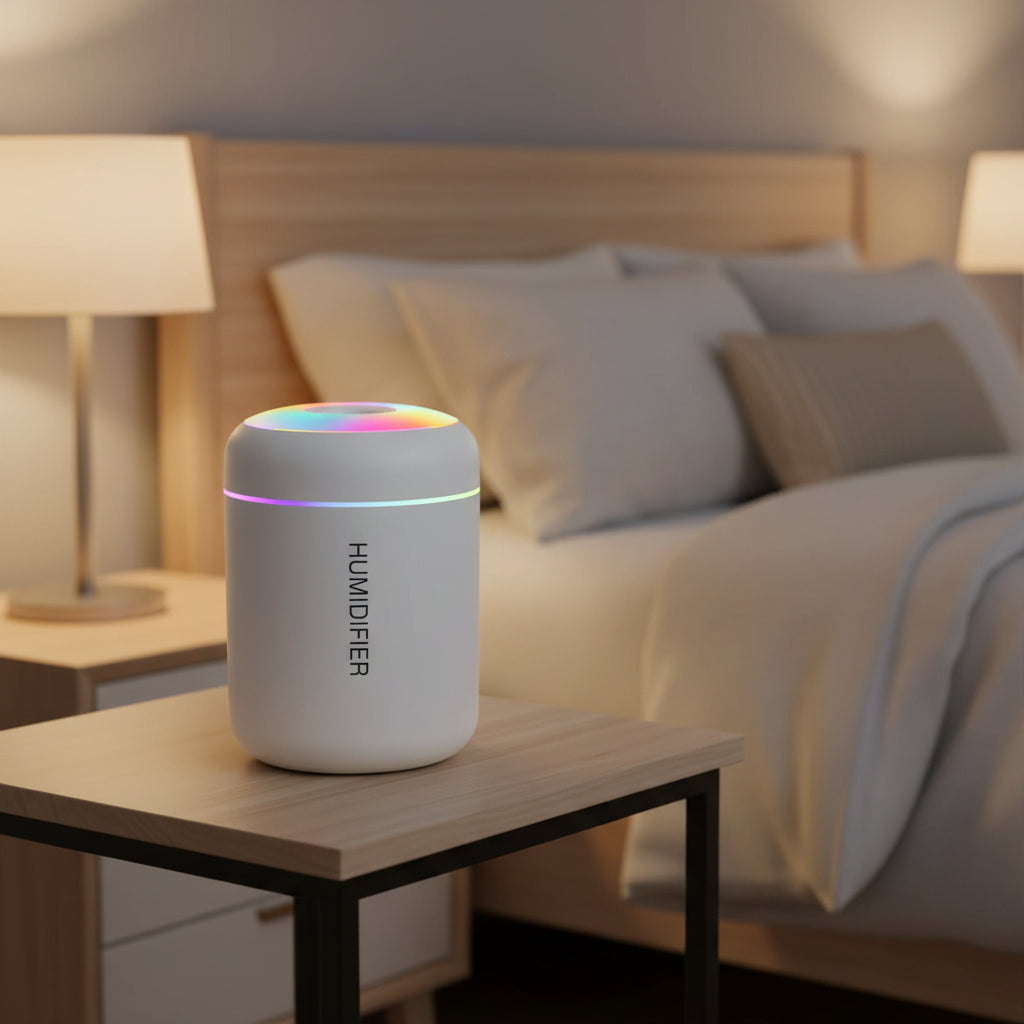 AromaMist Μίνι υγραντήρας USB 180ml — Εξαιρετικά ελαφρύς, 63g, με ενσωματωμένο φωτισμό LED
