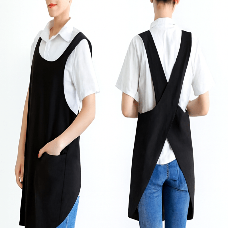 Vestido tipo delantal AuraFrock con espalda cruzada — Corte holgado, bolsillos de fácil acceso