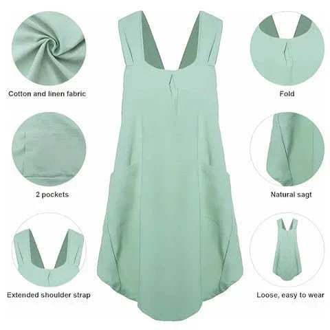 Vestido tipo delantal AuraFrock con espalda cruzada — Corte holgado, bolsillos de fácil acceso