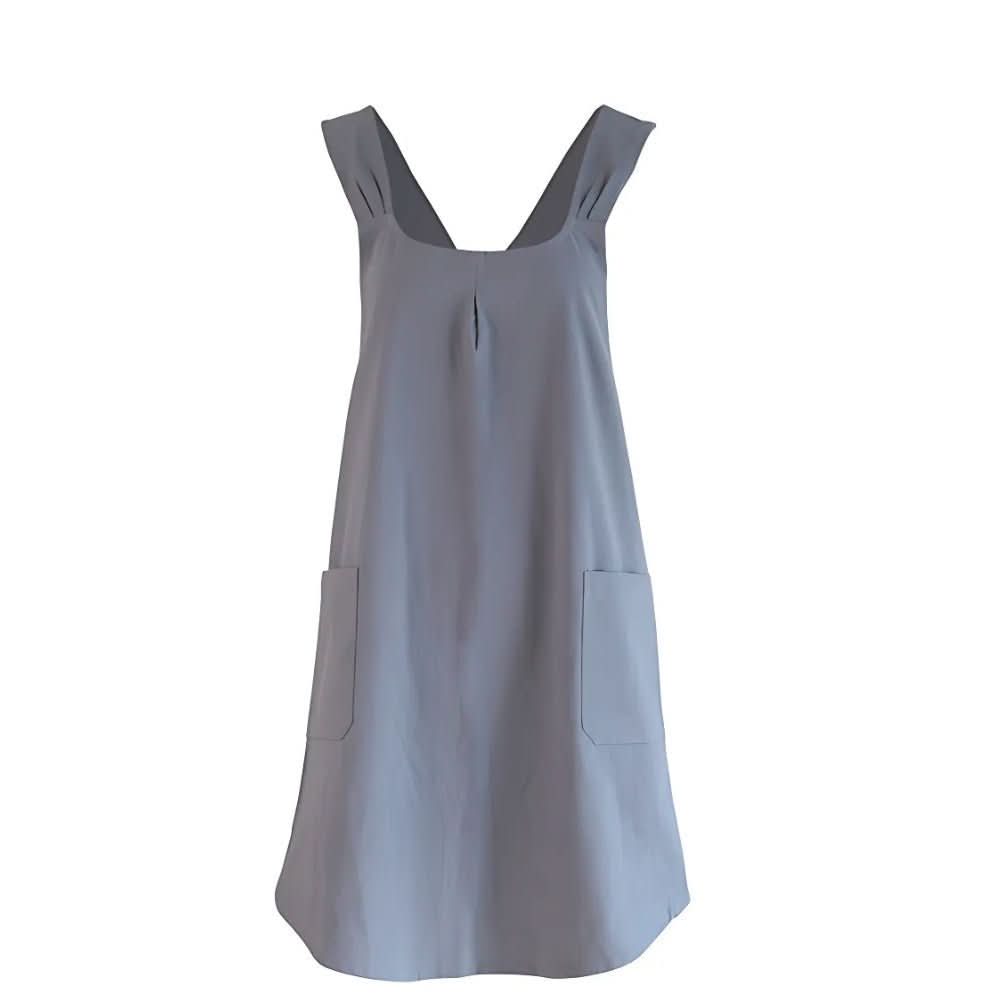 Vestido tipo delantal AuraFrock con espalda cruzada — Corte holgado, bolsillos de fácil acceso