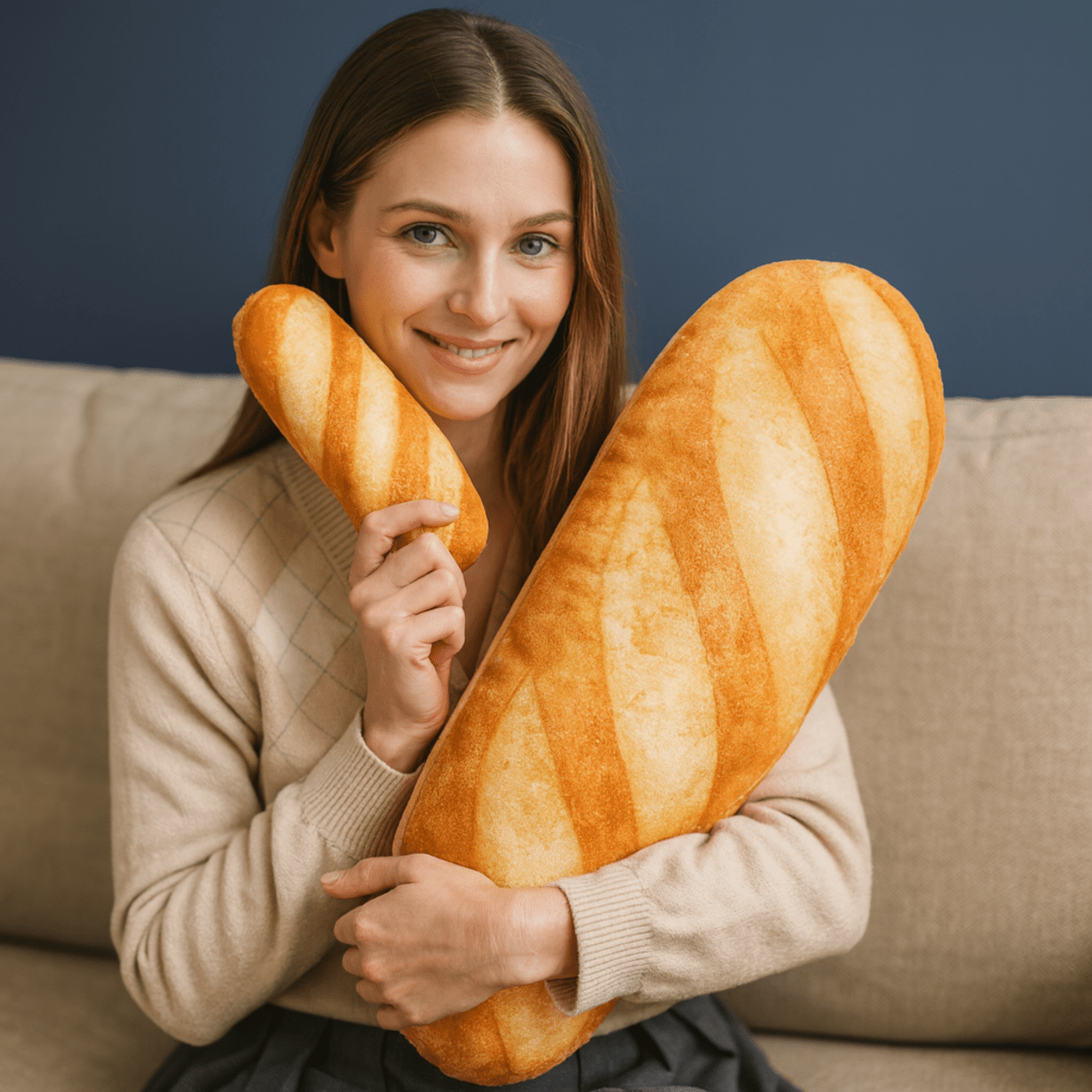 Pluszowa poduszka w kształcie bagietki Baguettina — realistyczny kształt bagietki