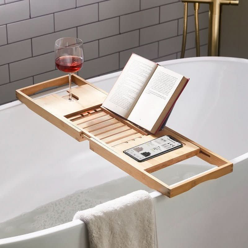 Aurevo Extendable Bamboo Bathtub Tray — Wine Glass Holder, Book Holder, Expands 75 cm to 109 cm