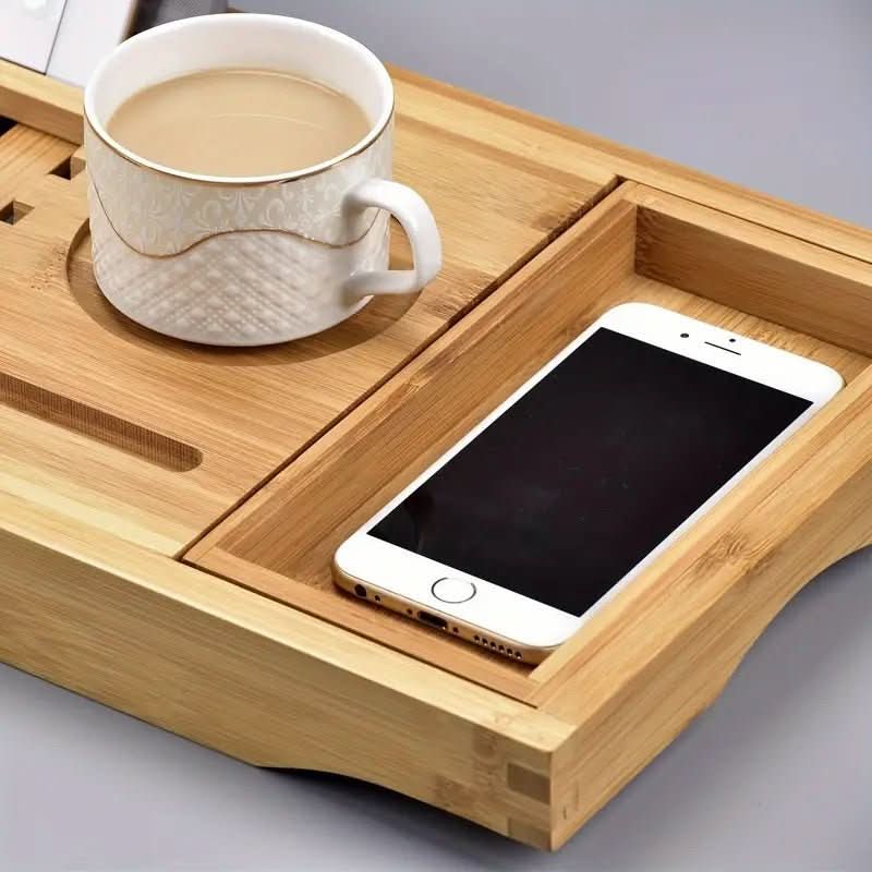 Aurevo Extendable Bamboo Bathtub Tray — Wine Glass Holder, Book Holder, Expands 75 cm to 109 cm