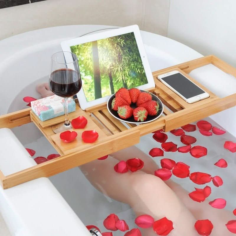 Aurevo Extendable Bamboo Bathtub Tray — Wine Glass Holder, Book Holder, Expands 75 cm to 109 cm