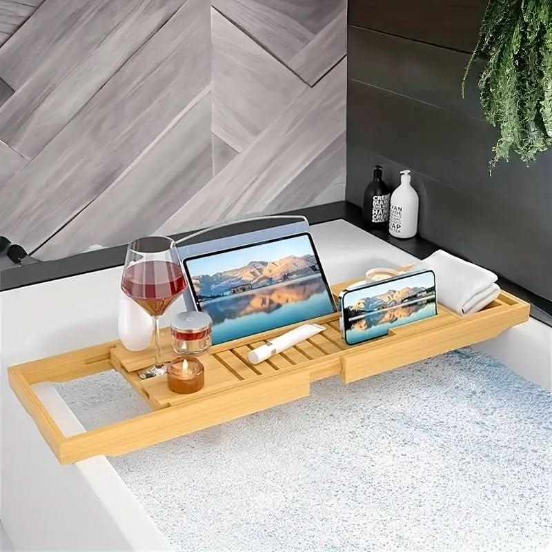 Aurevo Extendable Bamboo Bathtub Tray — Wine Glass Holder, Book Holder, Expands 75 cm to 109 cm