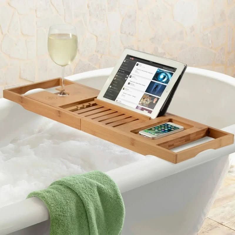 Aurevo Extendable Bamboo Bathtub Tray — Wine Glass Holder, Book Holder, Expands 75 cm to 109 cm