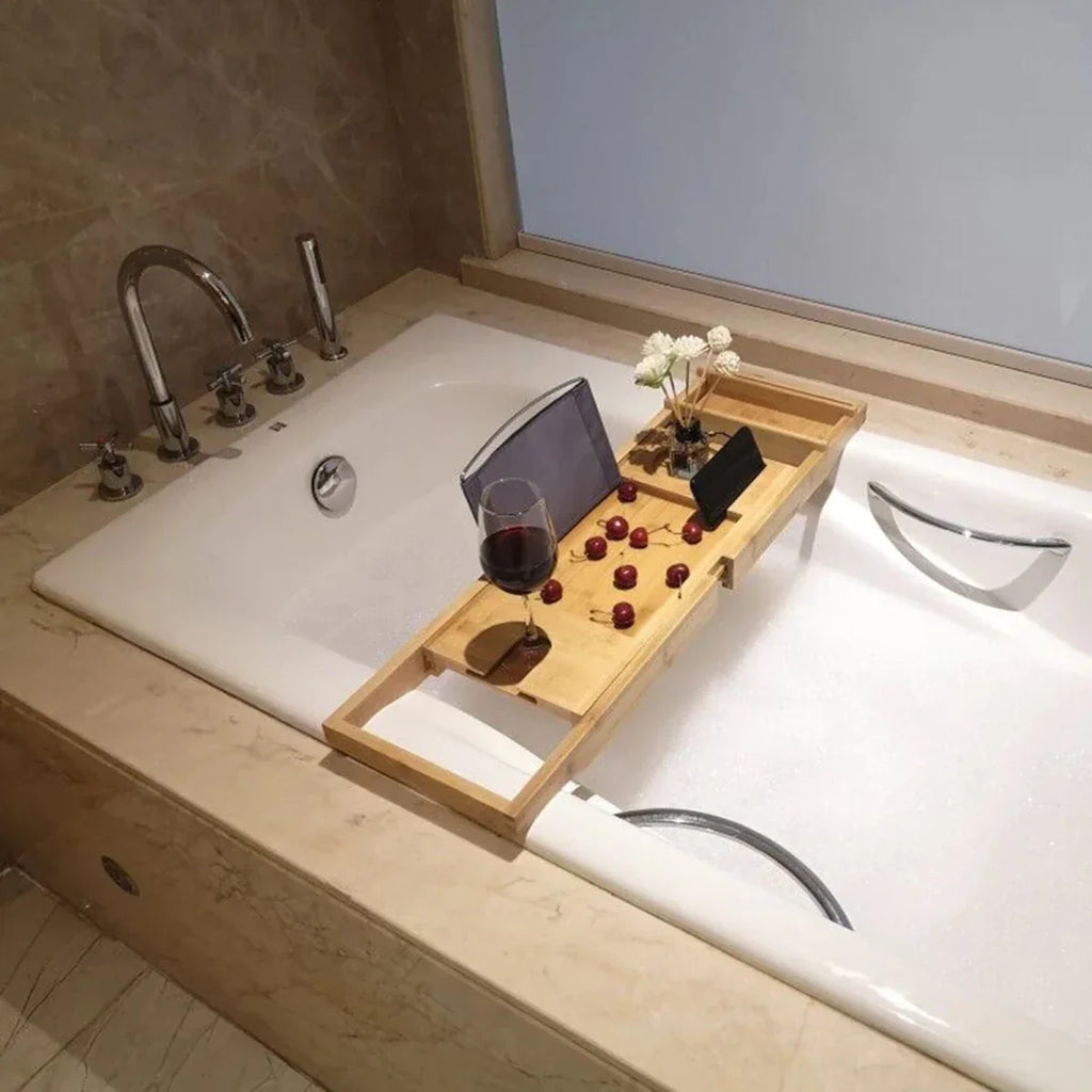 BAMORÉ Bandeja de bambú para bañera — organizador ajustable y bandeja auxiliar de baño