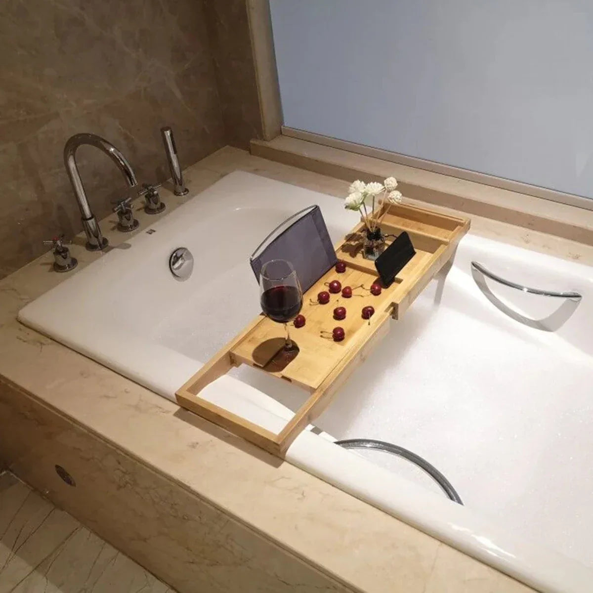 BAMORÉ Bandeja de bambú para bañera — organizador ajustable y bandeja auxiliar de baño