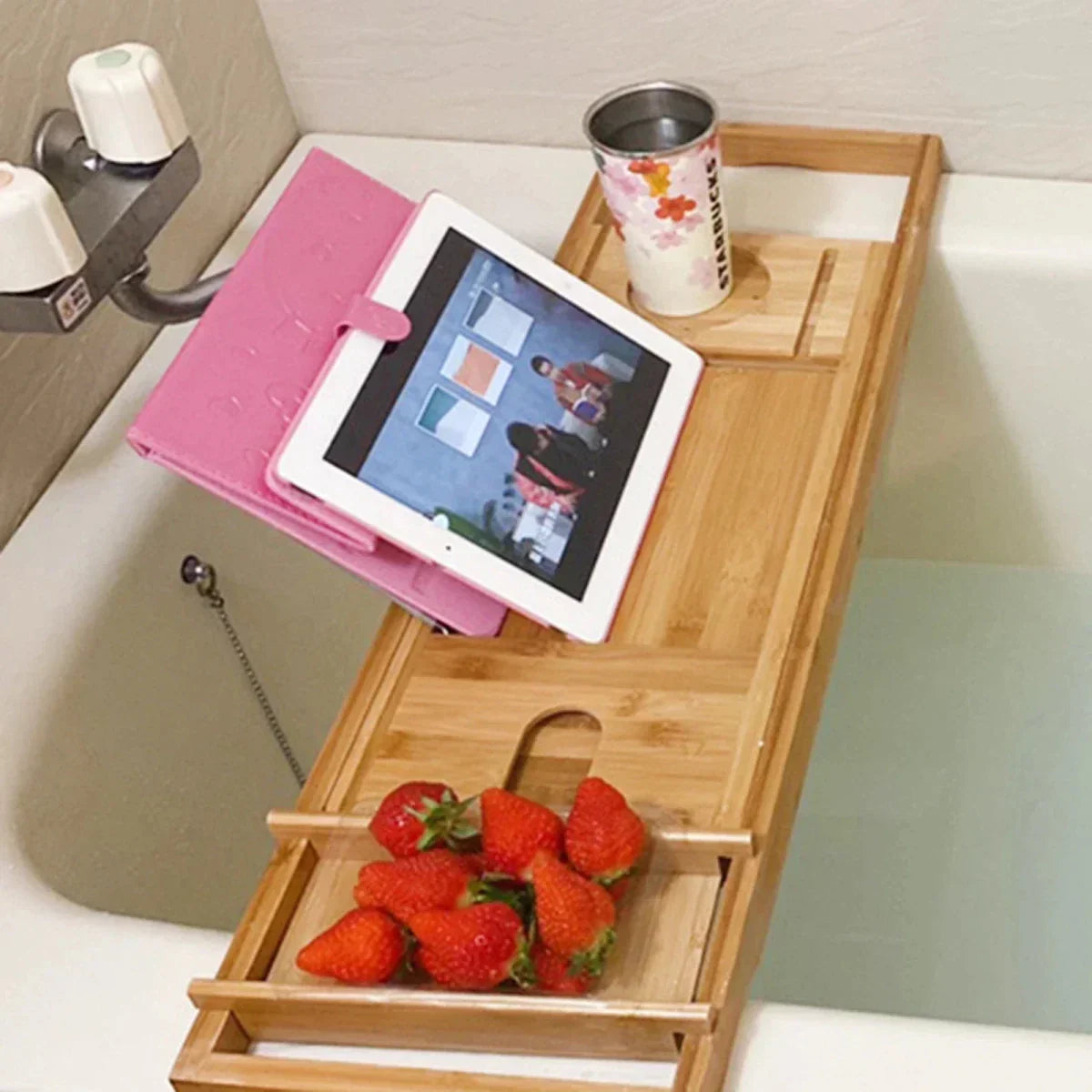 BAMORÉ Bandeja de bambú para bañera — organizador ajustable y bandeja auxiliar de baño