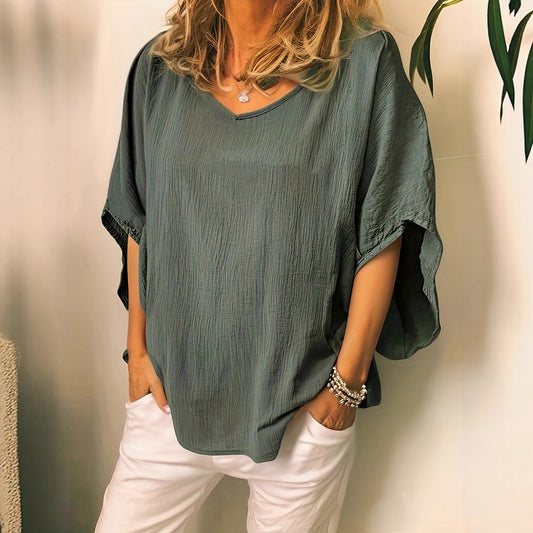Haut femme polyvalent, uni, en coton et lin, manches chauve-souris