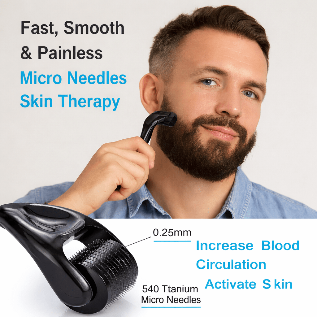 BeardVita komplett skjeggvekstsett — 0.5mm dermaroller, olje og balsam