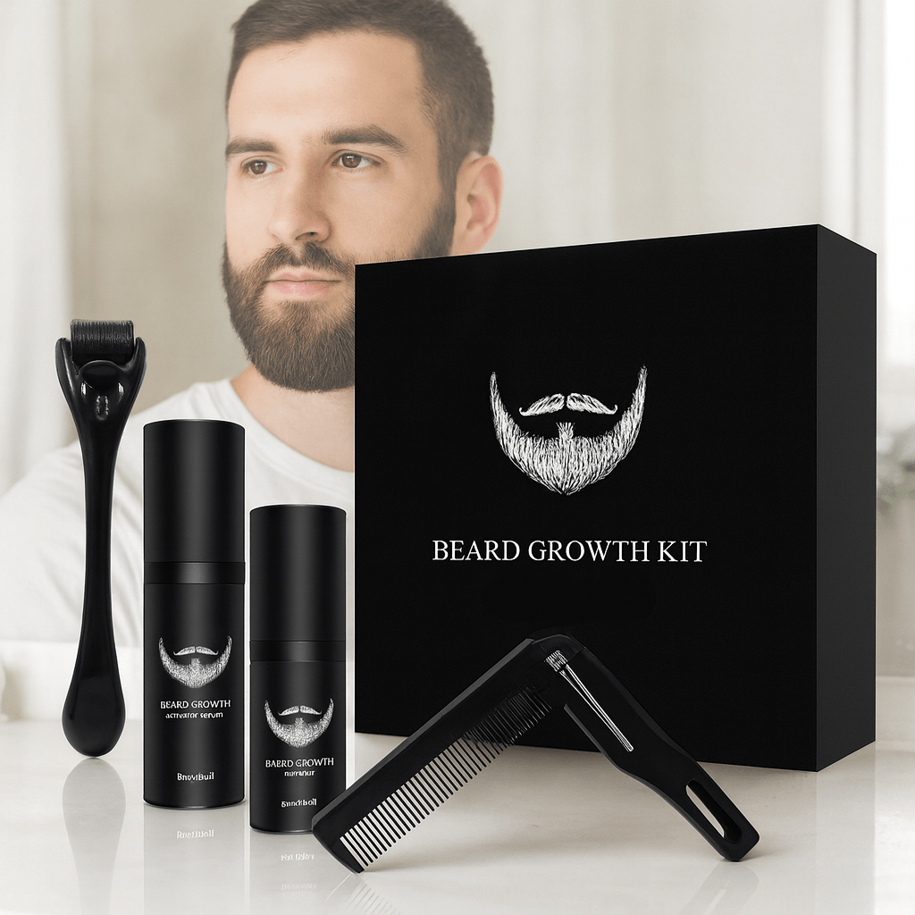 BeardVita komplett skjeggvekstsett — 0.5mm dermaroller, olje og balsam