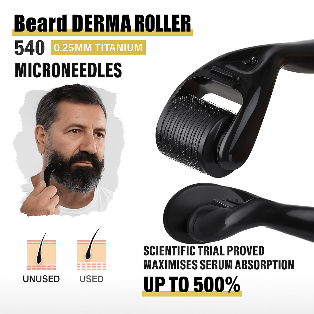 BeardVita komplett skjeggvekstsett — 0.5mm dermaroller, olje og balsam