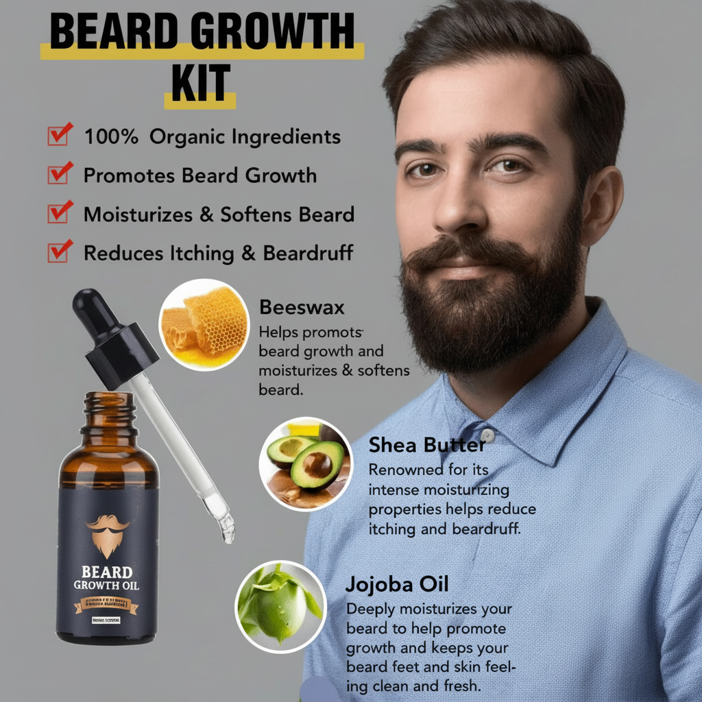 BeardVita komplett skjeggvekstsett — 0.5mm dermaroller, olje og balsam