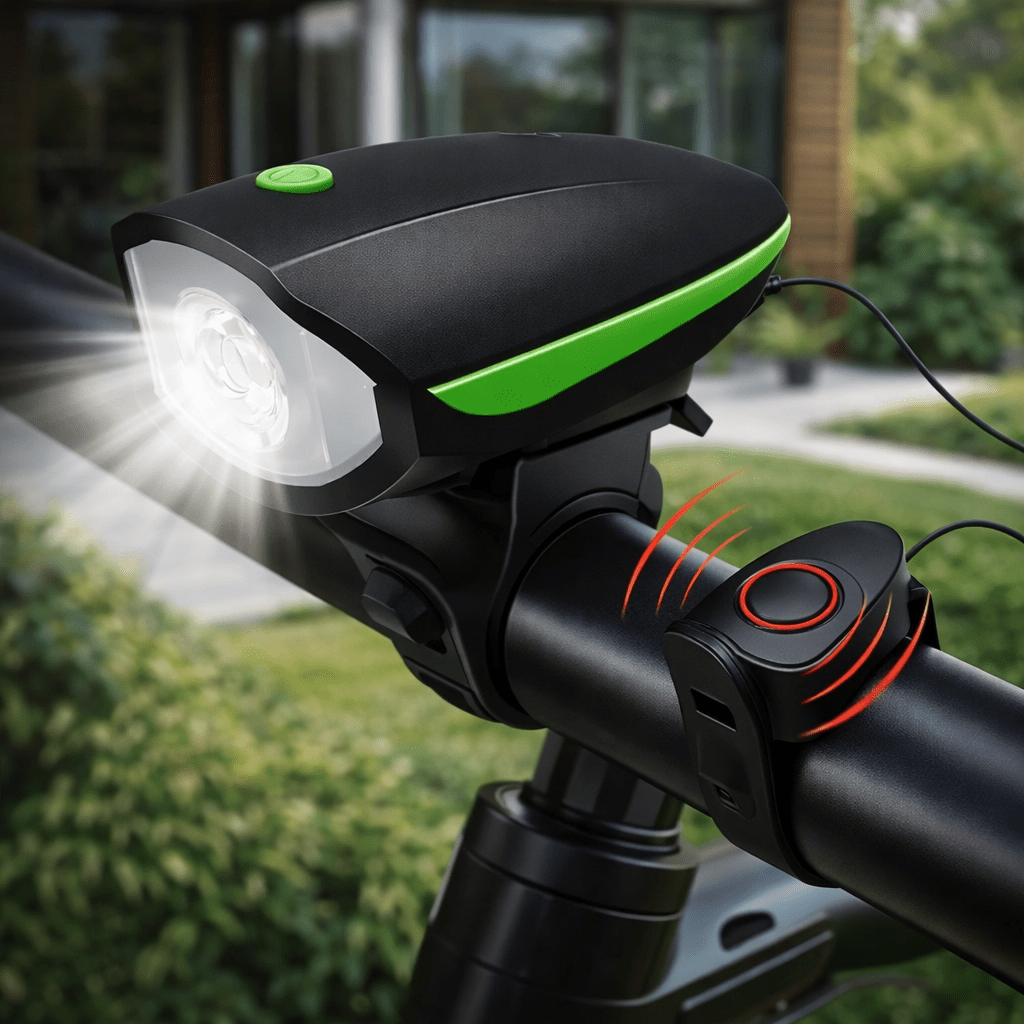 BIKEALERT ładowana lampka rowerowa — wbudowany klakson, biała przednia lampka LED, system zasilania Type-C