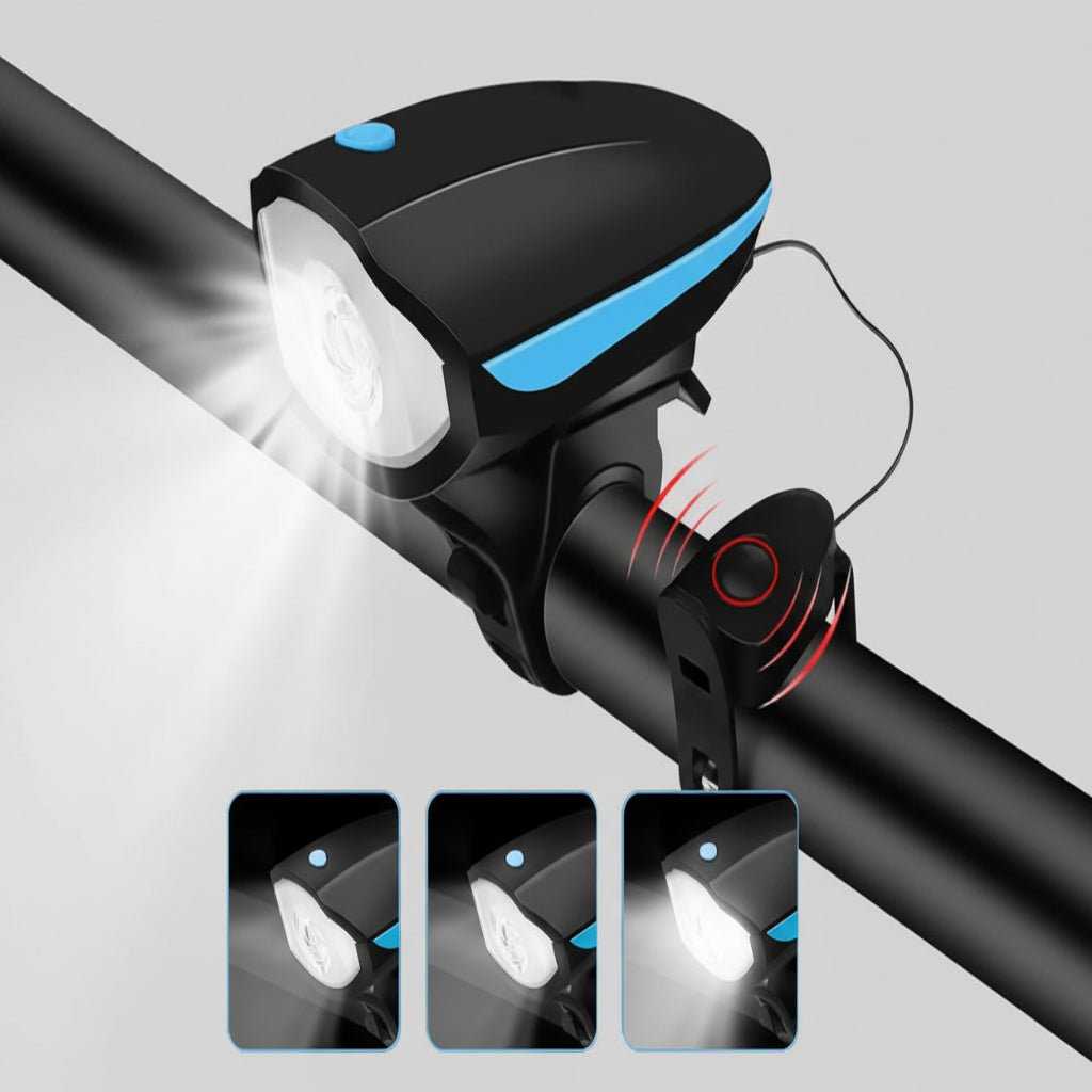 BIKEALERT ładowana lampka rowerowa — wbudowany klakson, biała przednia lampka LED, system zasilania Type-C