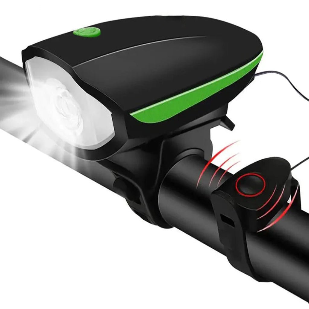 BIKEALERT ładowana lampka rowerowa — wbudowany klakson, biała przednia lampka LED, system zasilania Type-C
