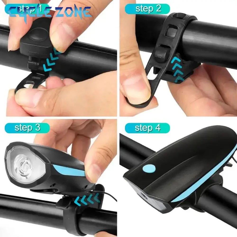 BIKEALERT ładowana lampka rowerowa — wbudowany klakson, biała przednia lampka LED, system zasilania Type-C