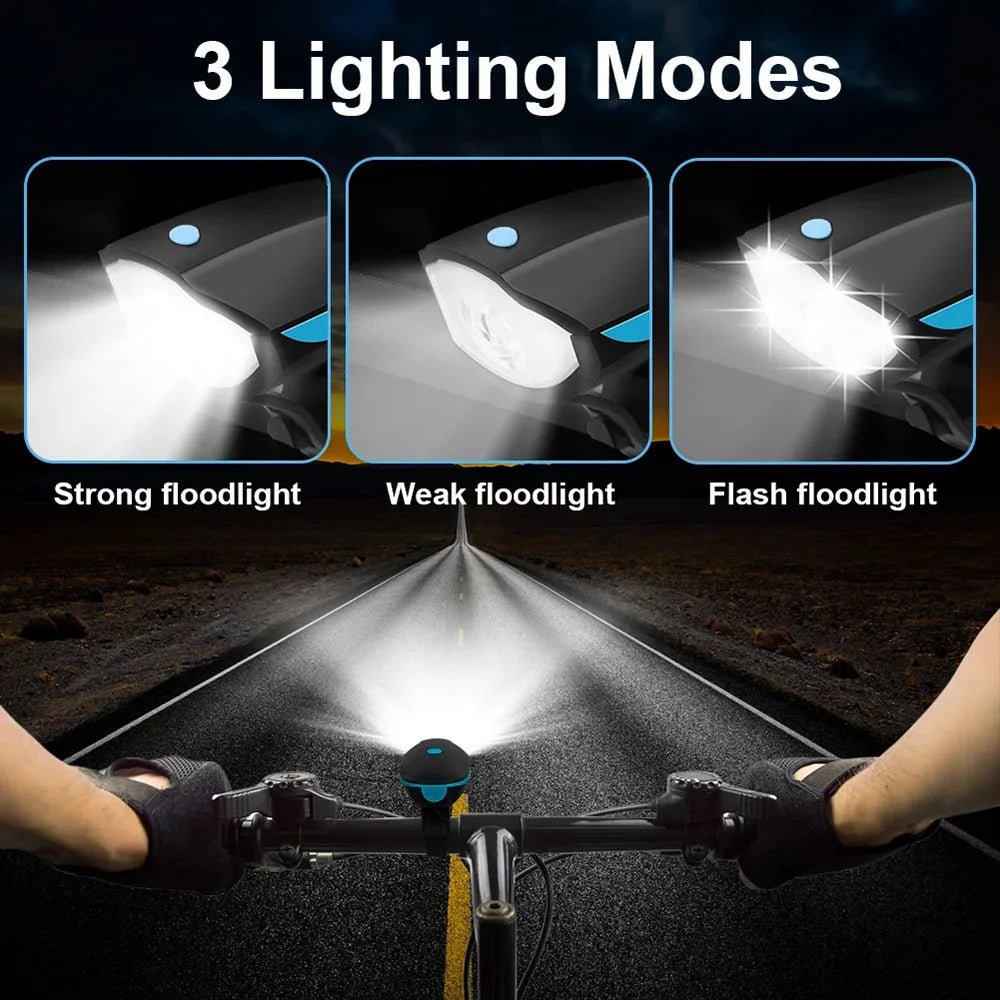 BIKEALERT ładowana lampka rowerowa — wbudowany klakson, biała przednia lampka LED, system zasilania Type-C