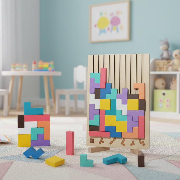 Blockwise Ξύλινο παιχνίδι στοίβαξης Tetris — Πάζλ χρωμάτων και σχημάτων Montessori