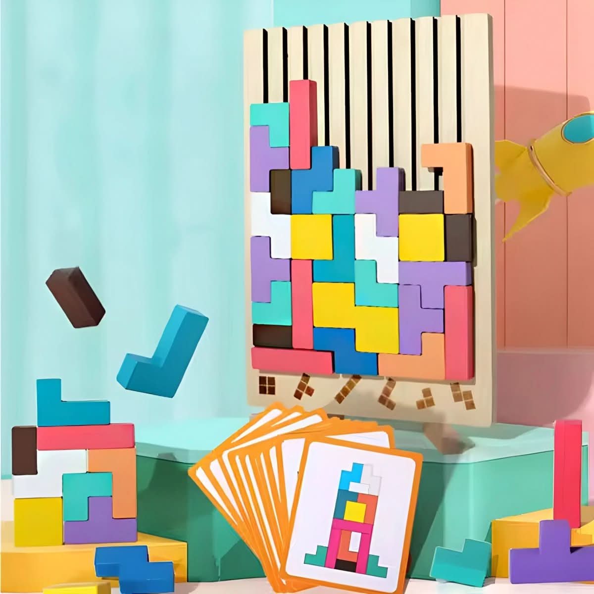 Blockwise Ξύλινο παιχνίδι στοίβαξης Tetris — Πάζλ χρωμάτων και σχημάτων Montessori
