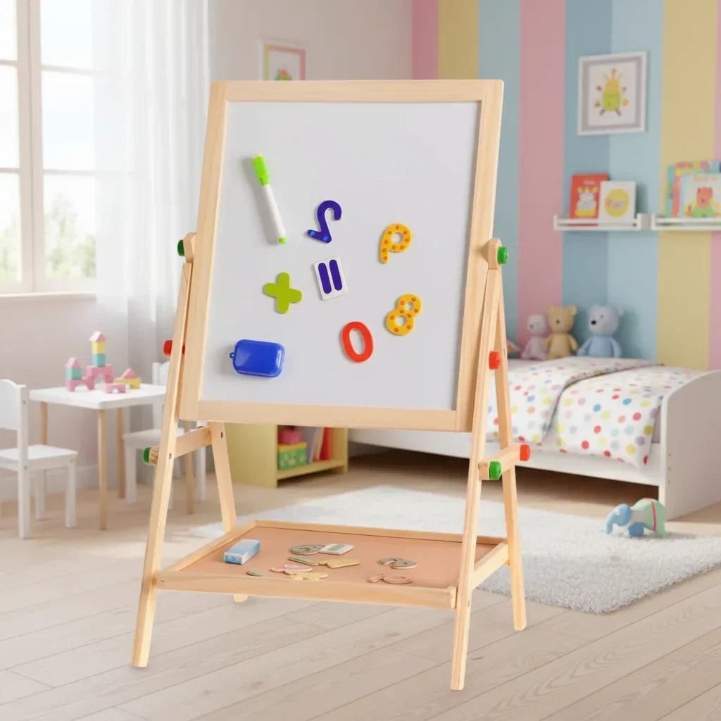 לוח מגנטי BoardPro בגובה מתכוונן — משטח כפול של לוח גיר ולוח מחיק