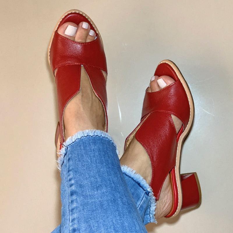 Damen-Ledersandalen mit Blockabsatz, offener Zehenpartie, Bordeauxrot