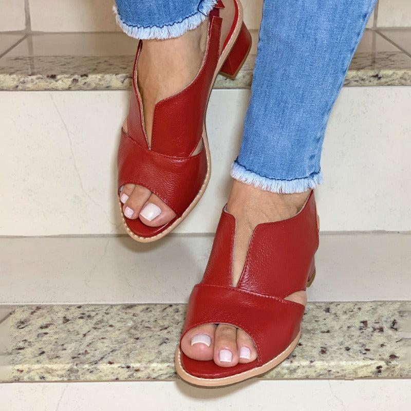Damen-Ledersandalen mit Blockabsatz, offener Zehenpartie, Bordeauxrot