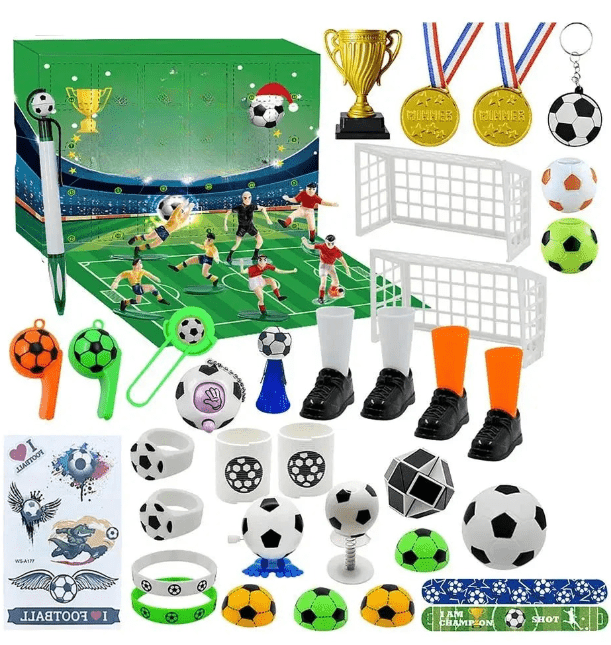 Fotbalový adventní kalendář BoxCalendar — sestavitelný stadion, uspořádání s 24 dvířky