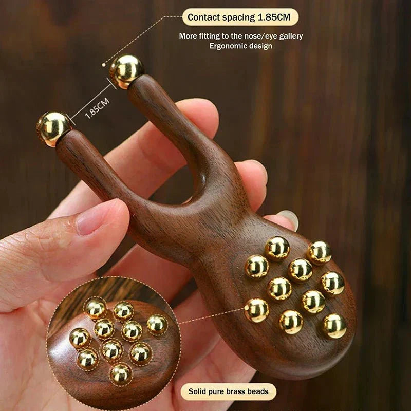 Brassflow Gesichtsmassagewerkzeug aus Holz für Gua Sha — glatte Oberfläche, integrierte Messingperlen