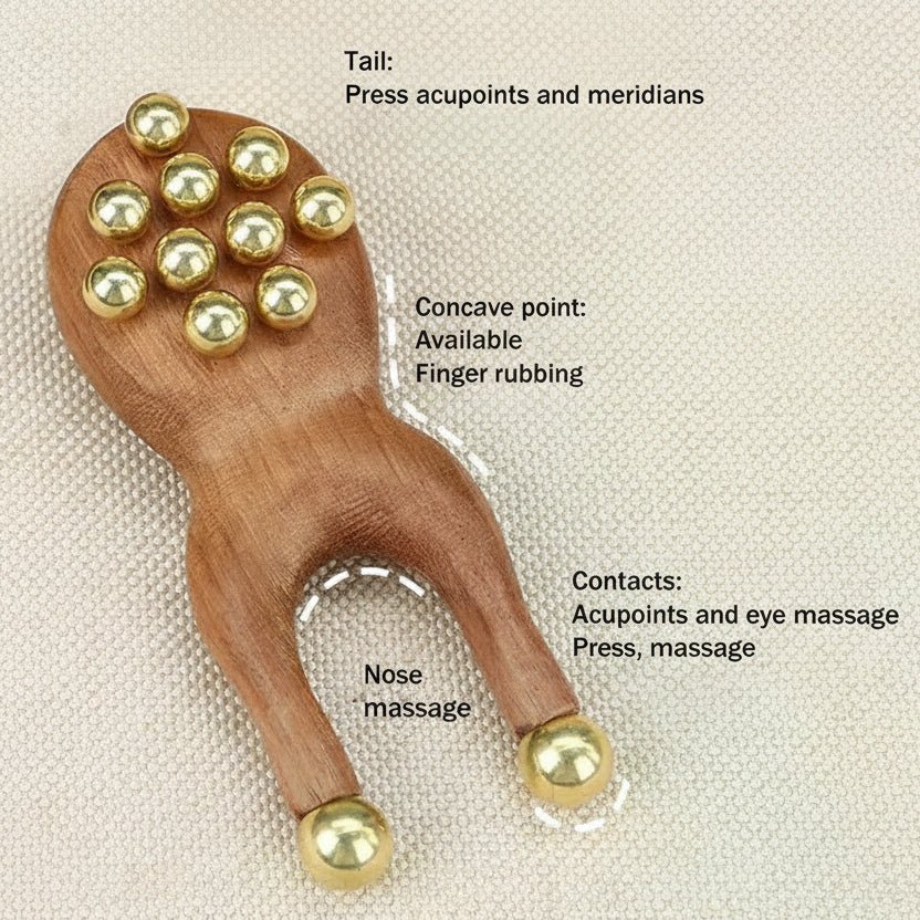 Brassflow Gesichtsmassagewerkzeug aus Holz für Gua Sha — glatte Oberfläche, integrierte Messingperlen