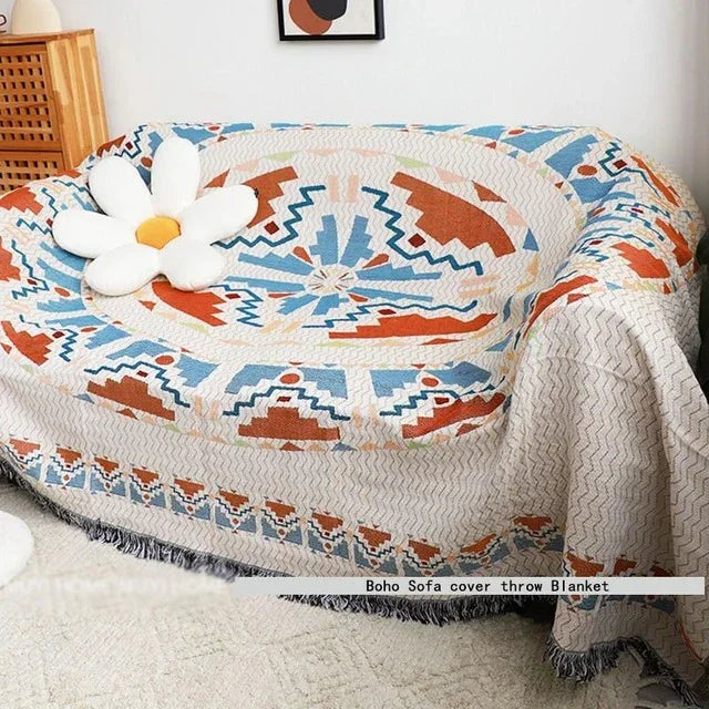 Värikäs jacquard-torkkupeitto — pehmeää puuvilla-polyesteriä, hapsut