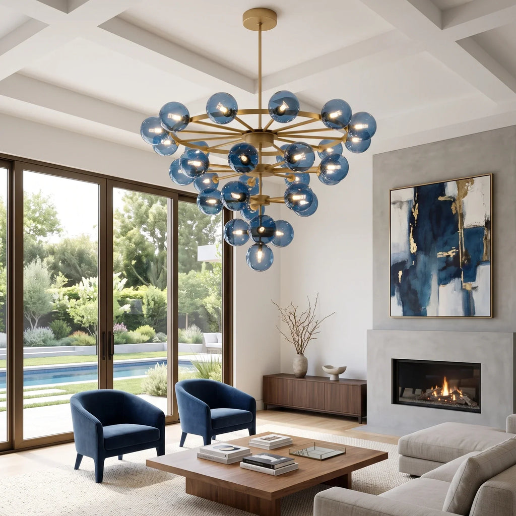 Cassian Blue Glass Globe Tiered Chandelier | wildoxy