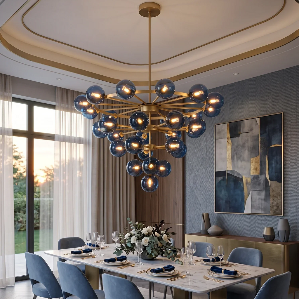 Cassian Blue Glass Globe Tiered Chandelier | wildoxy