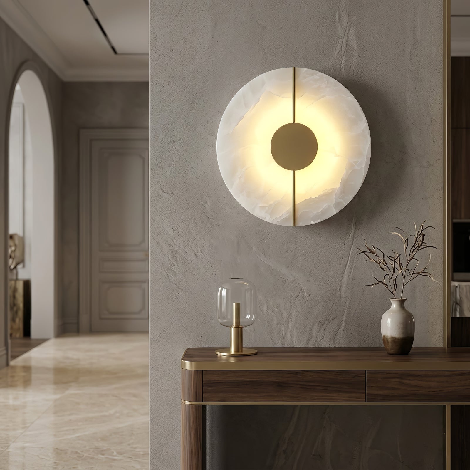Circular Alabaster Wall Lamp With Brass Bar | wildoxy