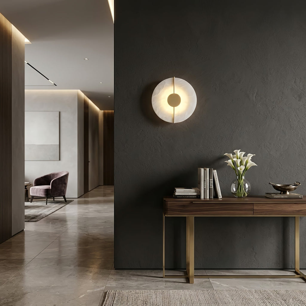 Circular Alabaster Wall Lamp With Brass Bar | wildoxy