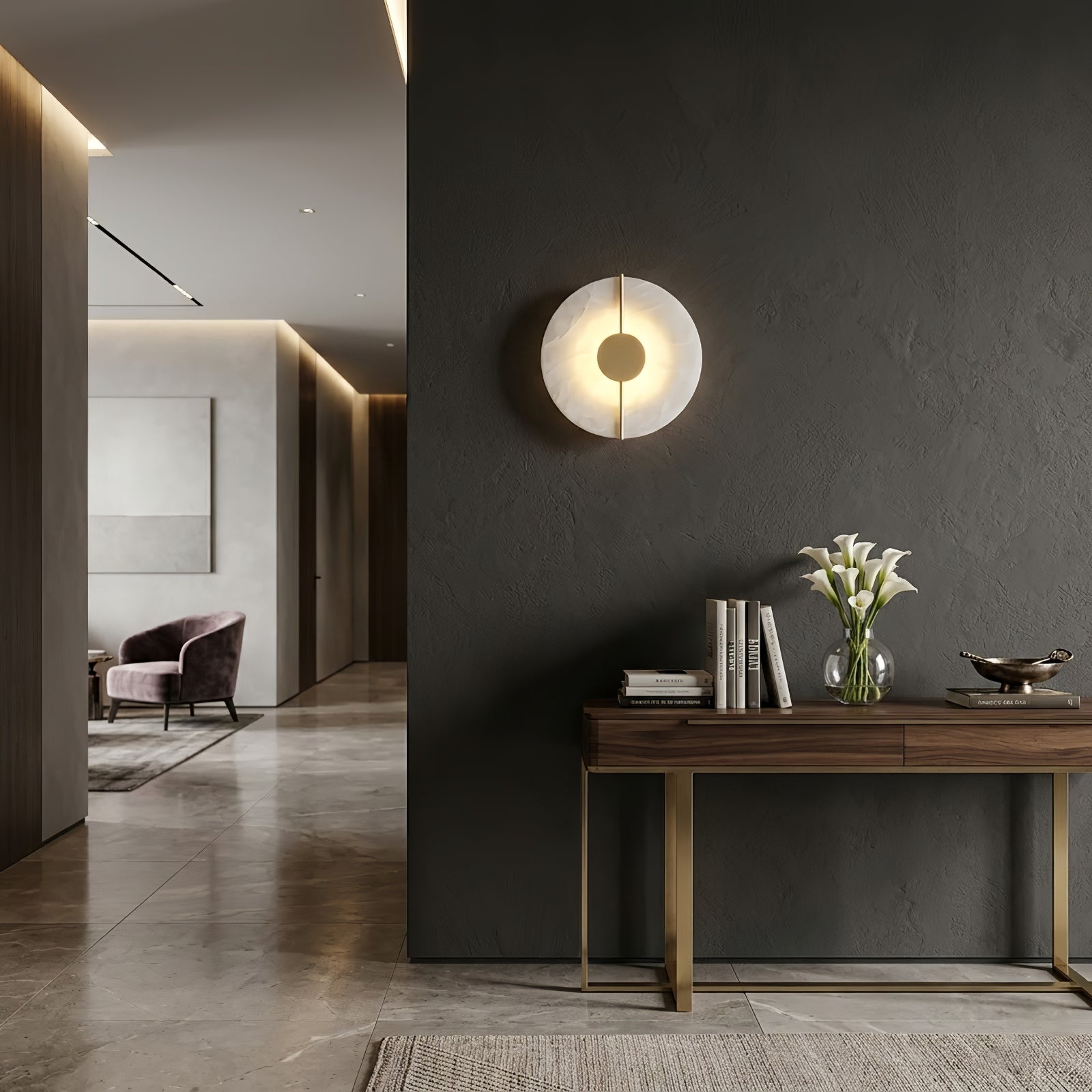 Circular Alabaster Wall Lamp With Brass Bar | wildoxy