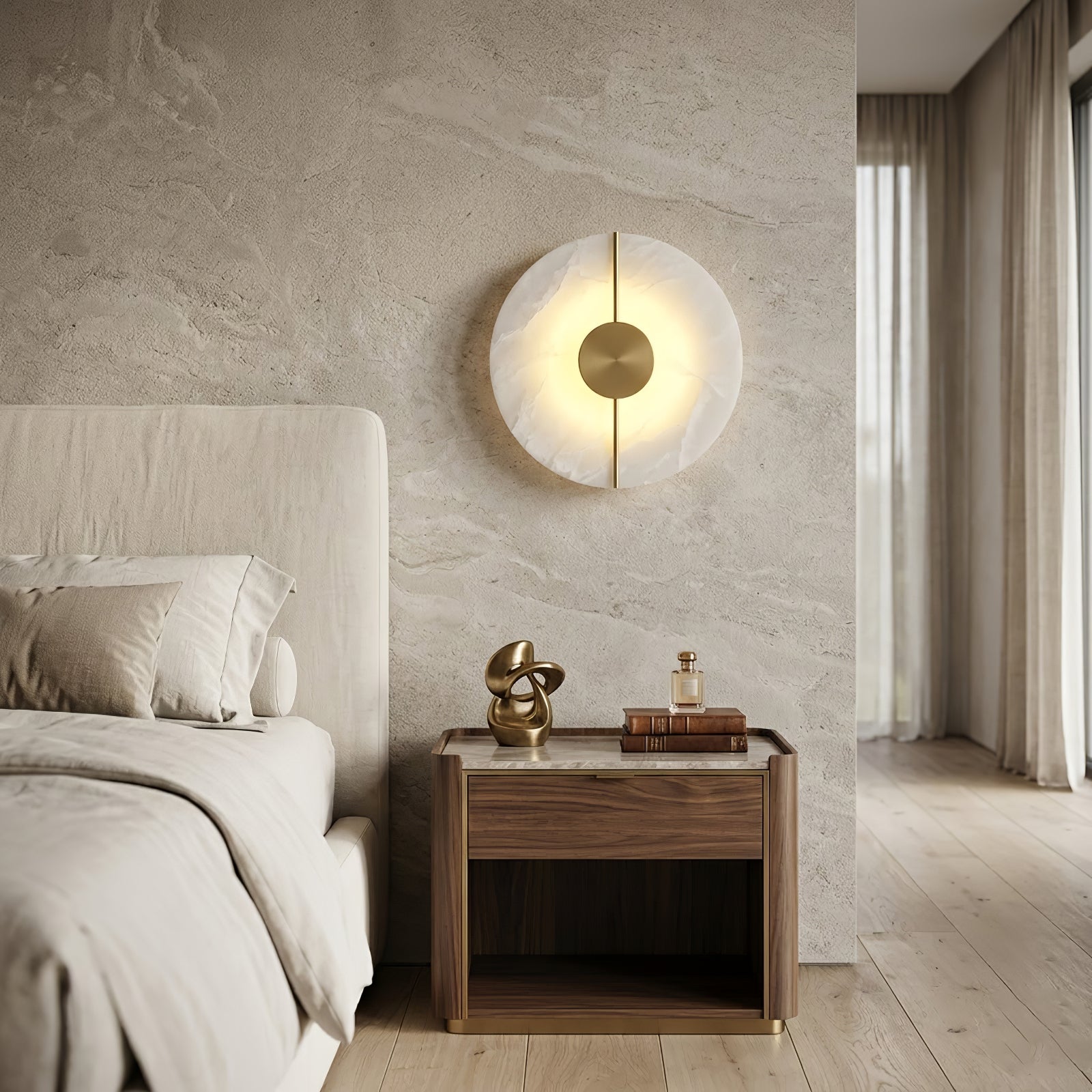 Circular Alabaster Wall Lamp With Brass Bar | wildoxy