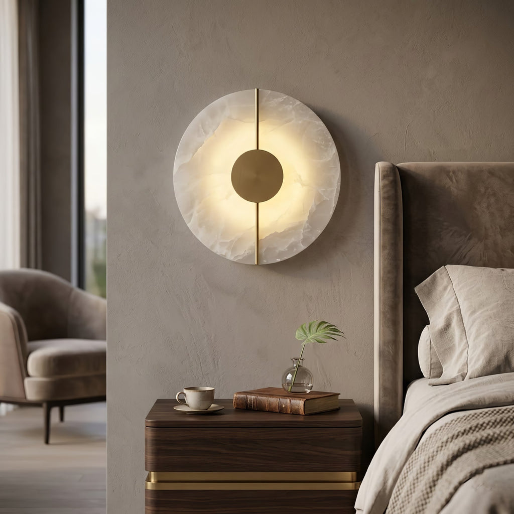 Circular Alabaster Wall Lamp With Brass Bar | wildoxy