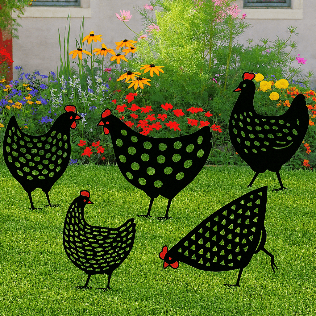 Statua di gallina in metallo resistente alle intemperie Cluckura — Dettagli testurizzati dipinti a mano