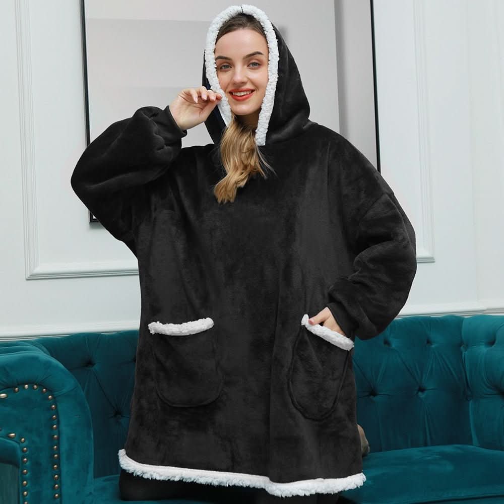 Cozivo Hooded Fleece Blanket — Relaxed Sleeves, Open Front