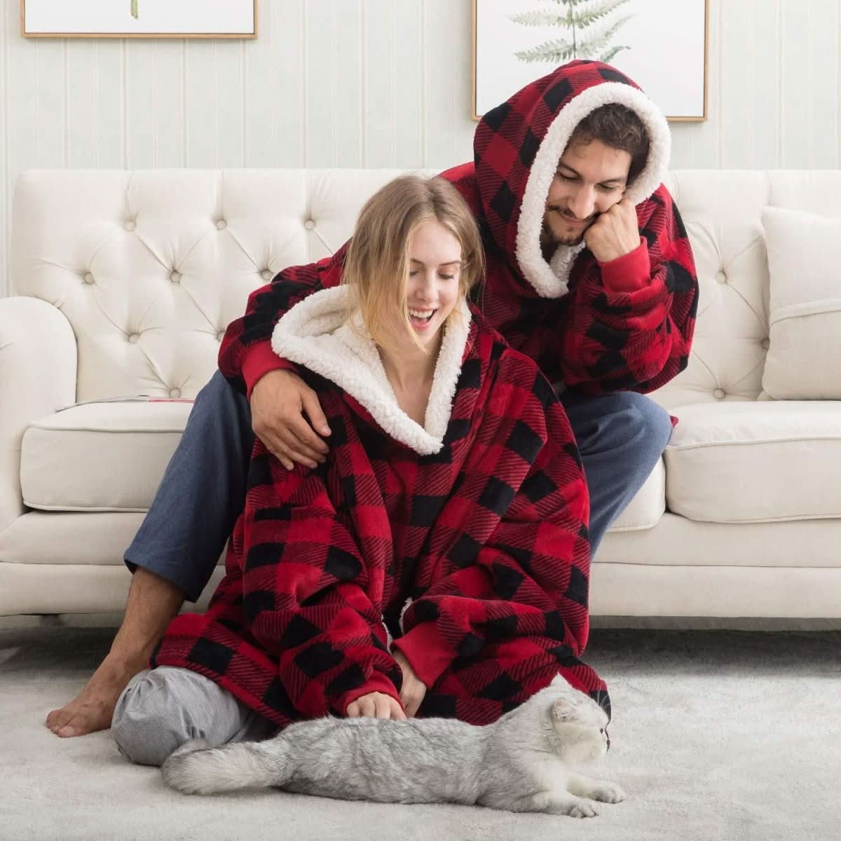 Cozivo Hooded Fleece Blanket — Relaxed Sleeves, Open Front