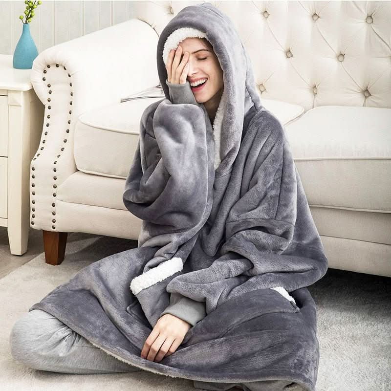 Cozivo Hooded Fleece Blanket — Relaxed Sleeves, Open Front