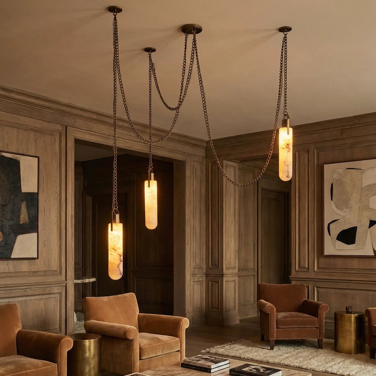 Cylindrical Alabaster Draped Chain Chandelier | wildoxy